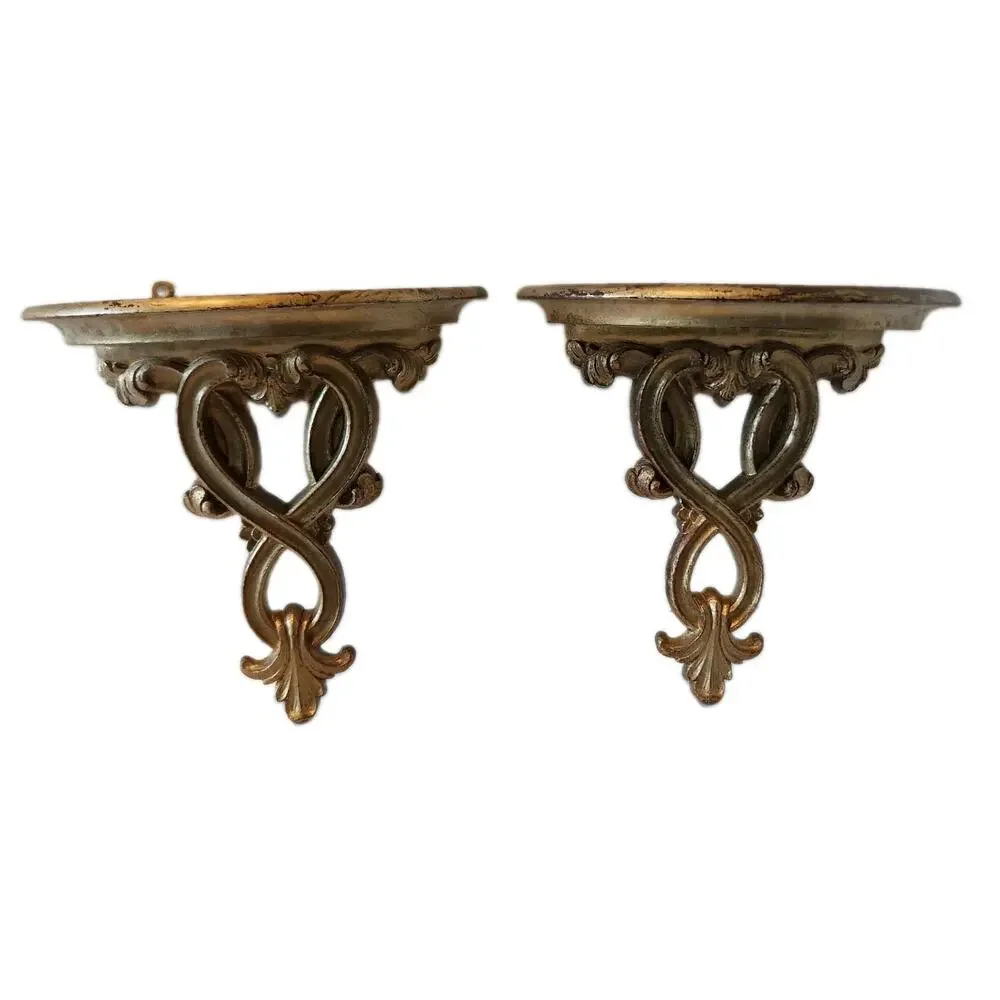 2 Vintage Hollywood Regency 60s Ornate Gold Gilded Weathered Wall Shelf Shelves